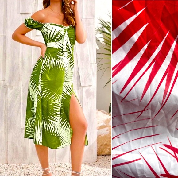 SHEIN Dresses & Skirts - Red Palm Print Island Escape Smocked Maxi Dress